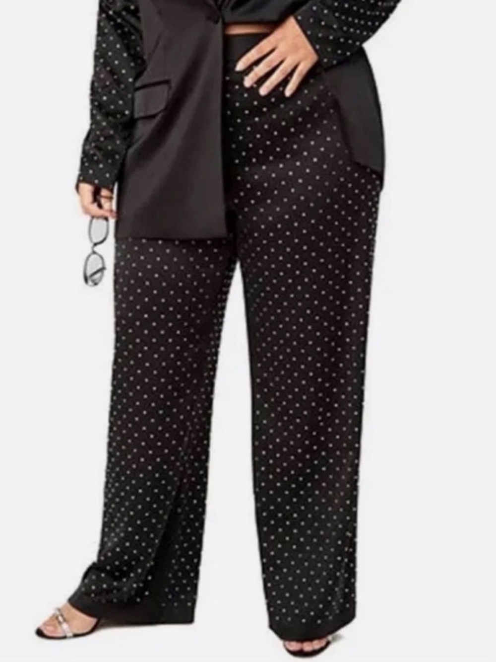 NEW Danielle Bernstein Wide Leg Satin Rhinestone Pants Black Size 18W